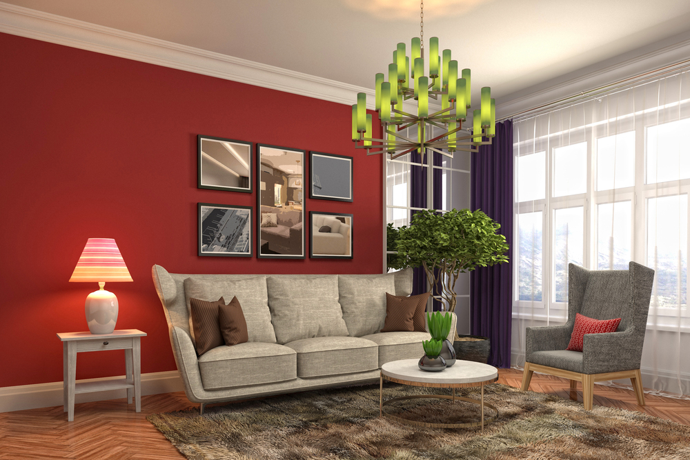 Salón elegante y vibrante que combina tonos cálidos y fríos, con muebles modernos, acentos verdes y rojos, y elementos decorativos equilibrados para un espacio acogedor y sofisticado.